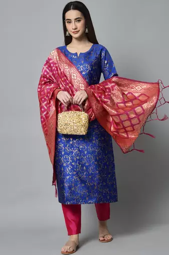 Blue embroidered cotton silk self designed salwar suit