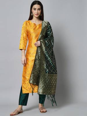 Yellow embroidered cotton silk self designed salwar suit 2