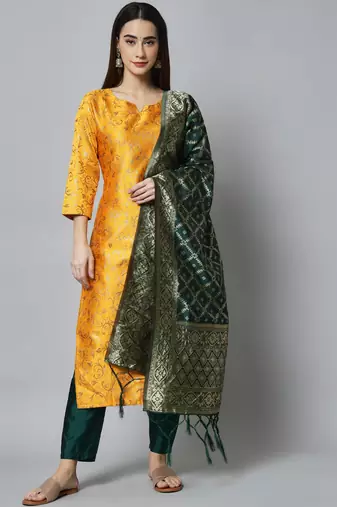 Yellow embroidered cotton silk self designed salwar suit