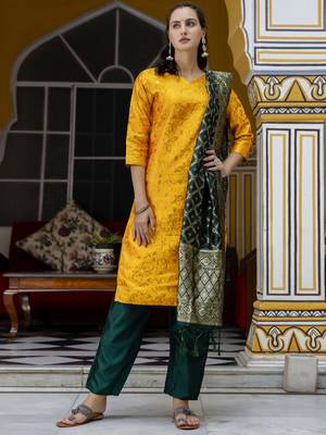 Yellow embroidered cotton silk self designed salwar suit 3