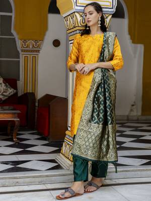 Yellow embroidered cotton silk self designed salwar suit 4