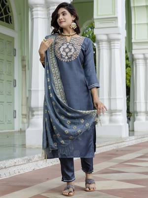 Grey embroidered cotton silk blend salwar suit 2