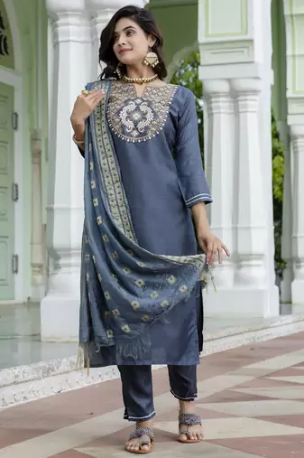 Grey embroidered cotton silk blend salwar suit