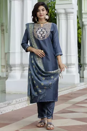 Grey embroidered cotton silk blend salwar suit