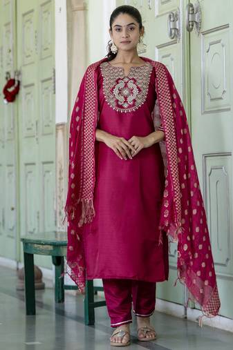 Red embroidered cotton silk blend salwar suit
