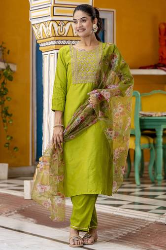 Green embroidered cotton silk blend salwar suit