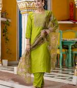 Green embroidered cotton silk blend salwar suit