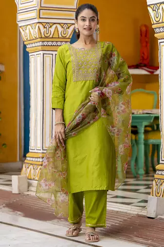 Green embroidered cotton silk blend salwar suit