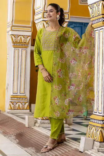 Green embroidered cotton silk blend salwar suit