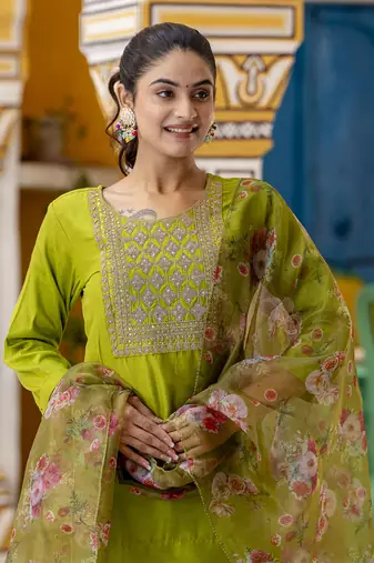 Green embroidered cotton silk blend salwar suit