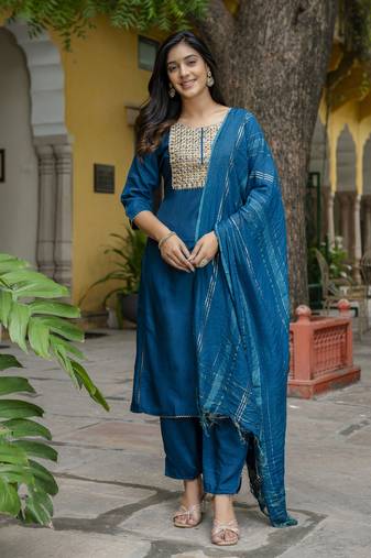Teal embroidered cotton silk blend salwar suit
