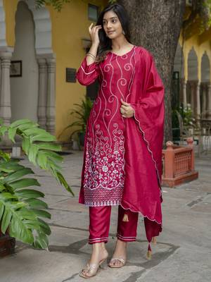 Red embroidered cotton silk blend salwar suit 1