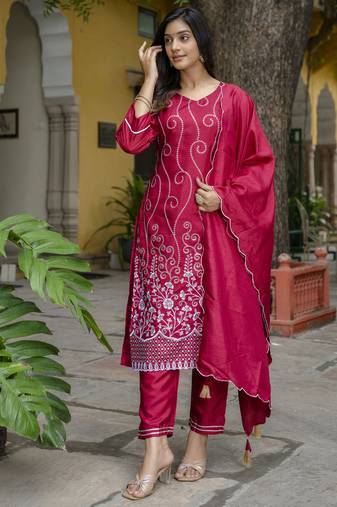 Red embroidered cotton silk blend salwar suit