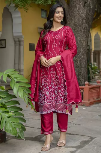 Red embroidered cotton silk blend salwar suit
