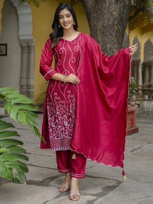 Red embroidered cotton silk blend salwar suit 3
