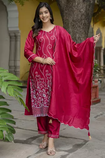 Red embroidered cotton silk blend salwar suit
