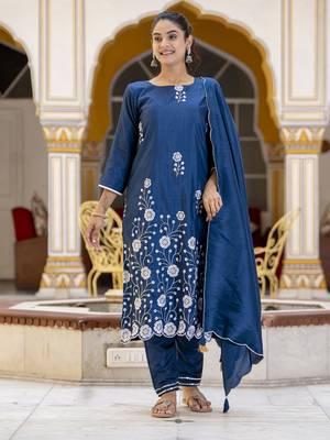 Teal embroidered cotton silk blend salwar suit 1