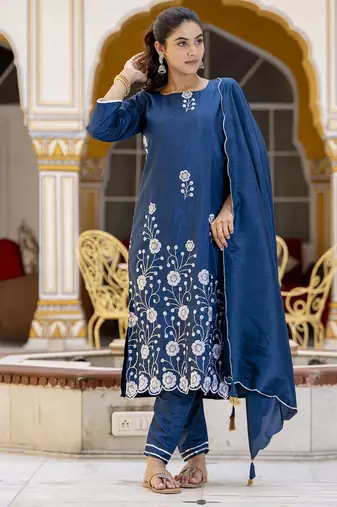 Teal embroidered cotton silk blend salwar suit
