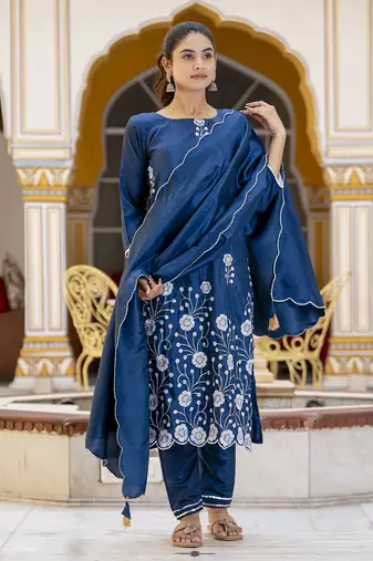 Teal embroidered cotton silk blend salwar suit