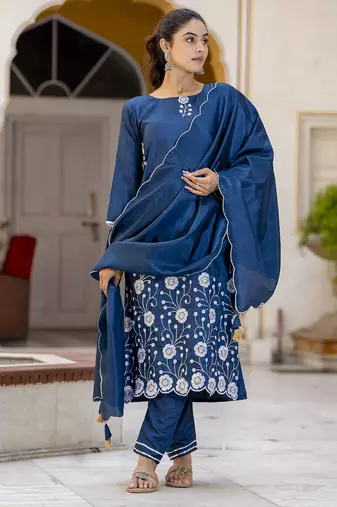 Teal embroidered cotton silk blend salwar suit