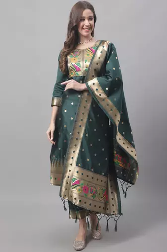 Green embroidered cotton silk jacquard salwar suit