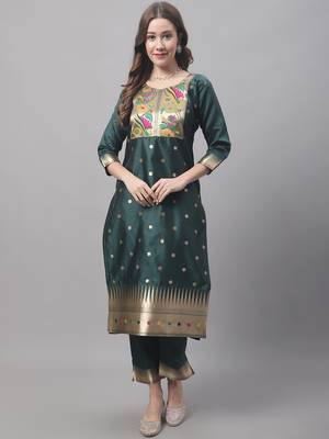 Green embroidered cotton silk jacquard salwar suit 3