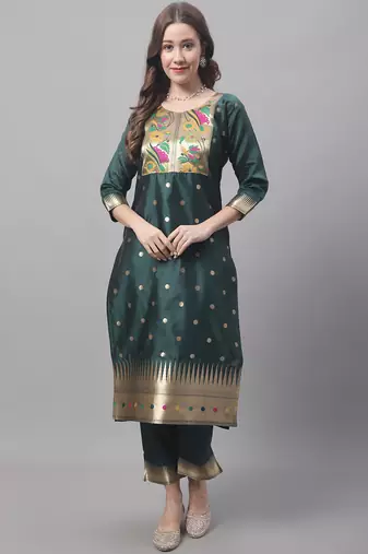 Green embroidered cotton silk jacquard salwar suit