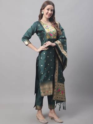 Green embroidered cotton silk jacquard salwar suit 4