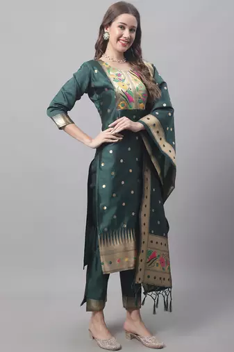 Green embroidered cotton silk jacquard salwar suit