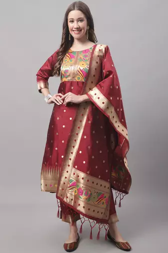 Maroon embroidered cotton silk jacquard salwar suit