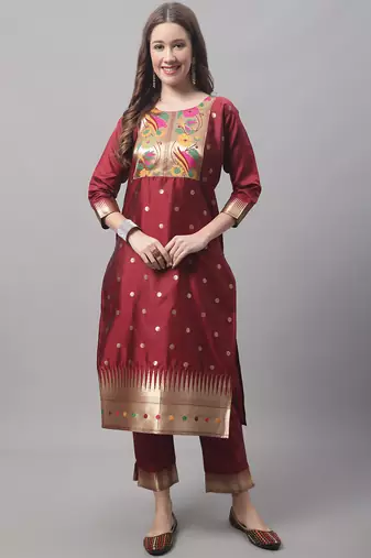 Maroon embroidered cotton silk jacquard salwar suit