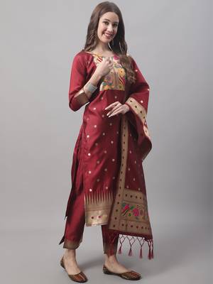 Maroon embroidered cotton silk jacquard salwar suit 4