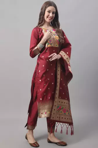 Maroon embroidered cotton silk jacquard salwar suit