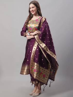 Purple embroidered cotton silk jacquard salwar suit 1