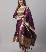 Purple embroidered cotton silk jacquard salwar suit