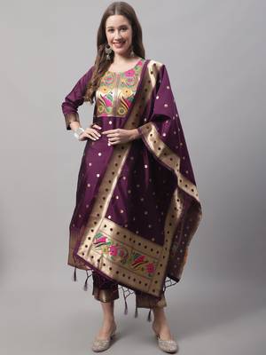 Purple embroidered cotton silk jacquard salwar suit 3
