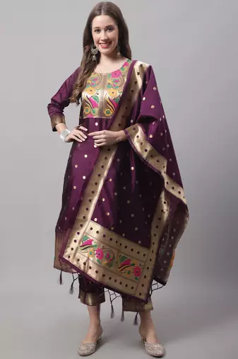 Purple embroidered cotton silk jacquard salwar suit