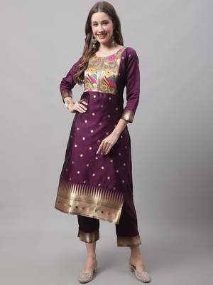 Purple embroidered cotton silk jacquard salwar suit 4