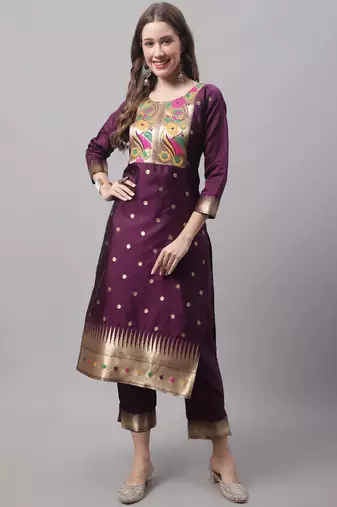 Purple embroidered cotton silk jacquard salwar suit