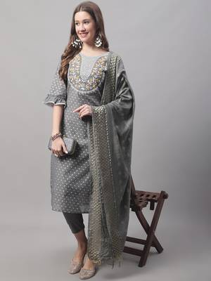 Grey embroidered chanderi modal salwar suit 3