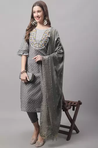 Grey embroidered chanderi modal salwar suit