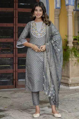 Grey embroidered chanderi modal salwar suit