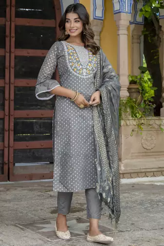 Grey embroidered chanderi modal salwar suit