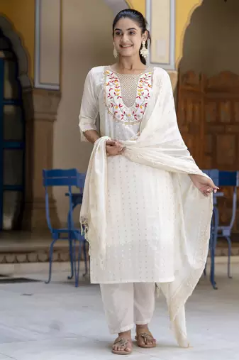 White embroidered chanderi modal salwar suit