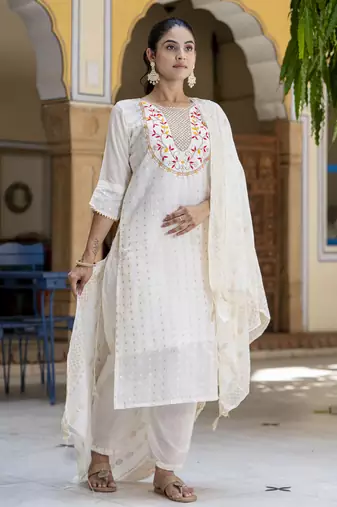 White embroidered chanderi modal salwar suit