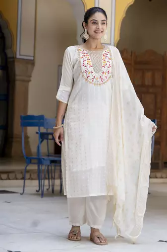 White embroidered chanderi modal salwar suit