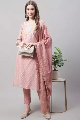 Peach embroidered chanderi modal salwar suit