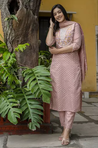 Peach embroidered chanderi modal salwar suit