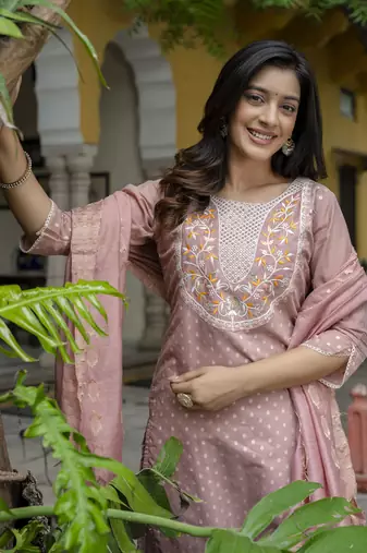 Peach embroidered chanderi modal salwar suit