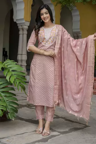 Peach embroidered chanderi modal salwar suit